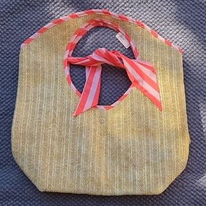 Victoria's Secret Bombshell Reversible Tan Straw Tote with Pink Striped Accents